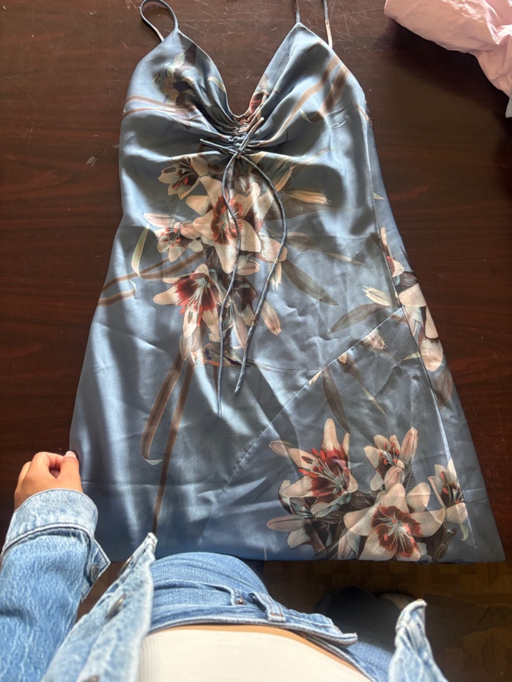 All Saints Blue Floral Satin Slip Dress with Spaghetti Straps